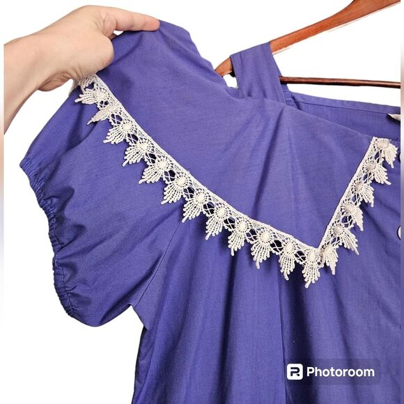Vintage 80s 90s Cottagecore Purple White Decorative Collar Cold Shoulder Dress - Picture 2 of 7